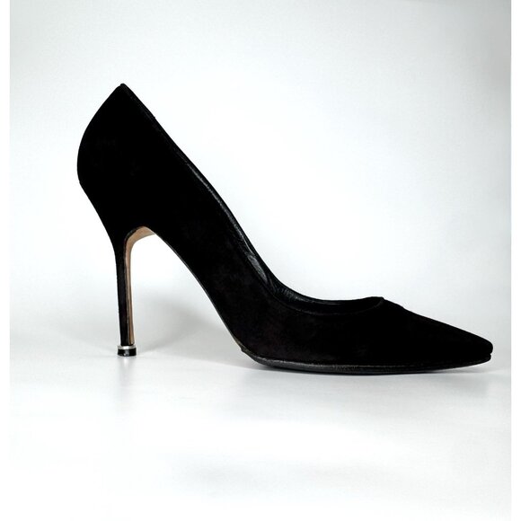 Manolo Blahnik Bipunta Size 39,5 Black Suede Leather Pumps Silver Heel Detail - Picture 2 of 11
